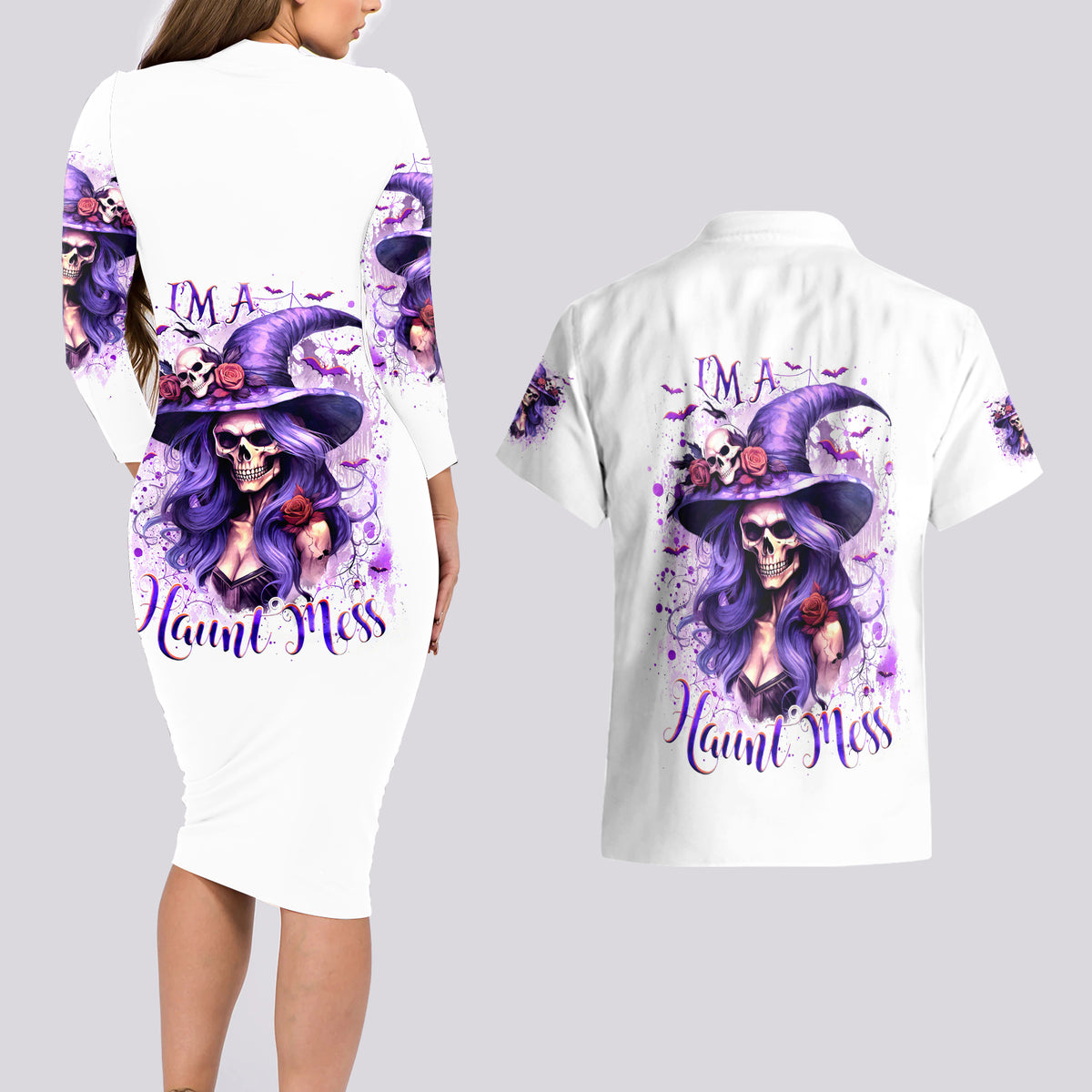 Witch Skull Couples Matching Long Sleeve Bodycon Dress and Hawaiian Shirt I'm A Haunt Mess - Wonder Print Shop