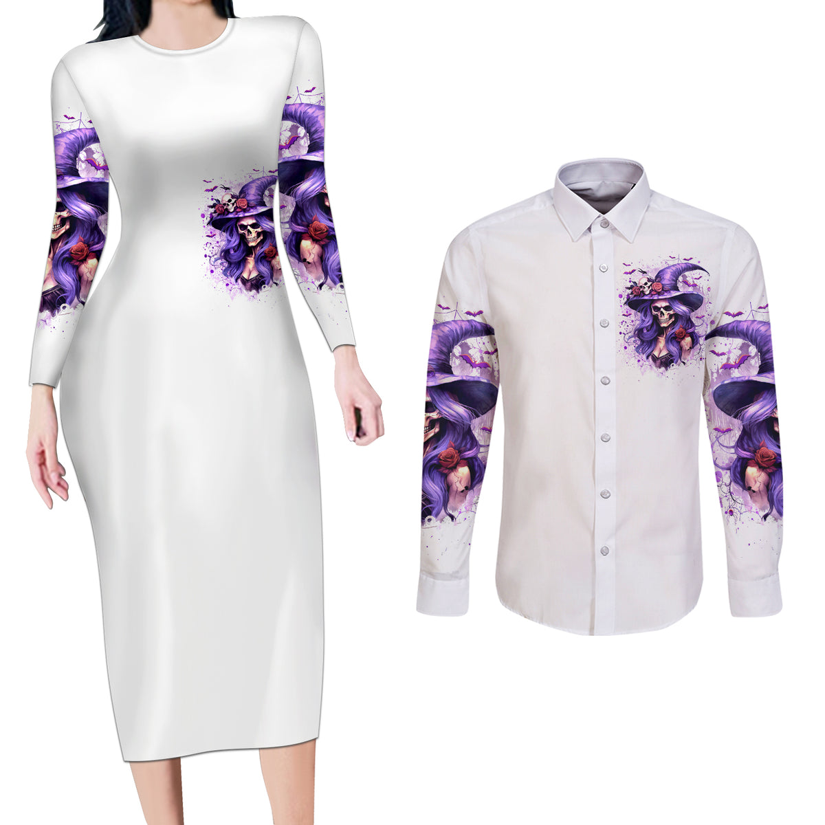 Witch Skull Couples Matching Long Sleeve Bodycon Dress and Long Sleeve Button Shirt I'm A Haunt Mess - Wonder Print Shop