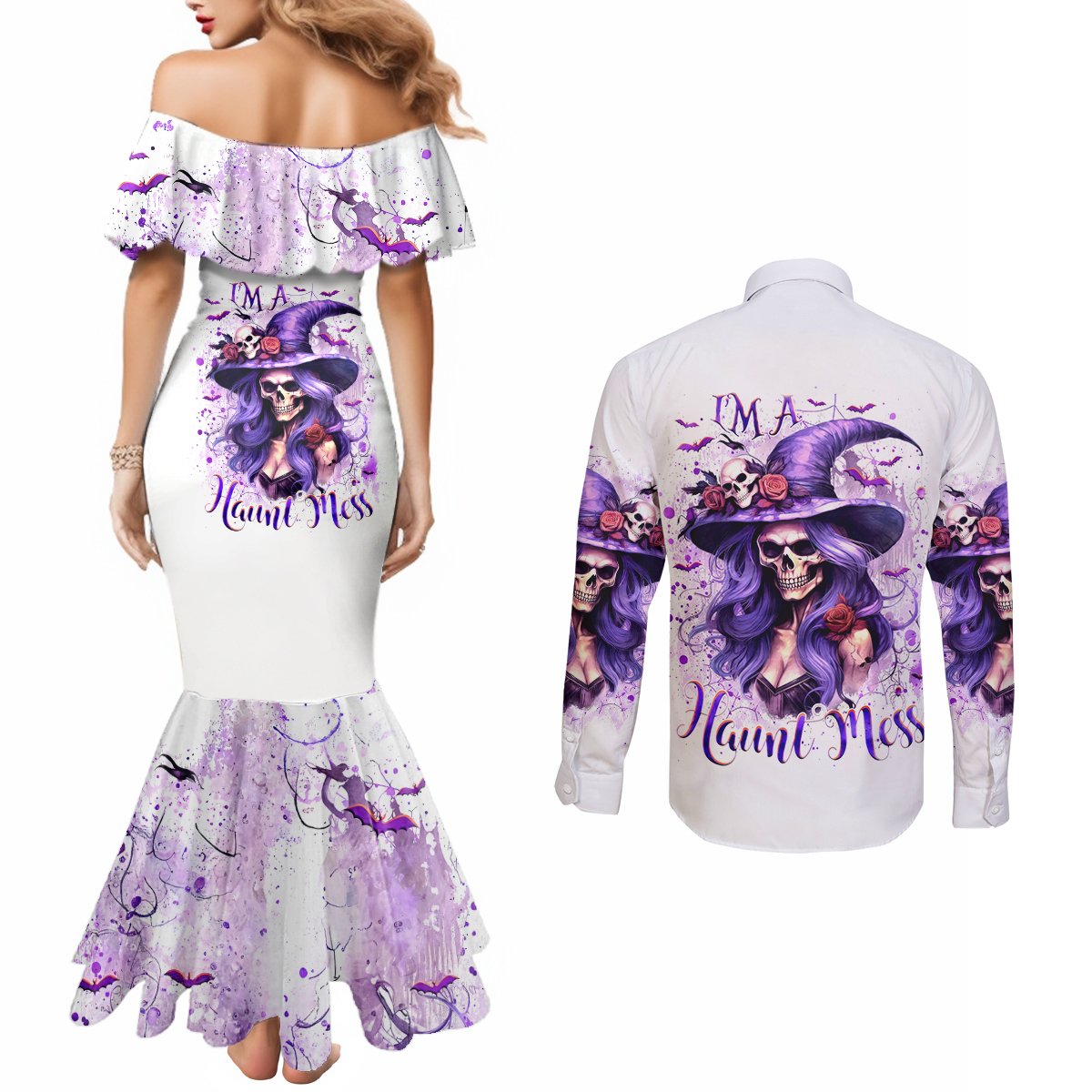 Witch Skull Couples Matching Mermaid Dress and Long Sleeve Button Shirt I'm A Haunt Mess DT01