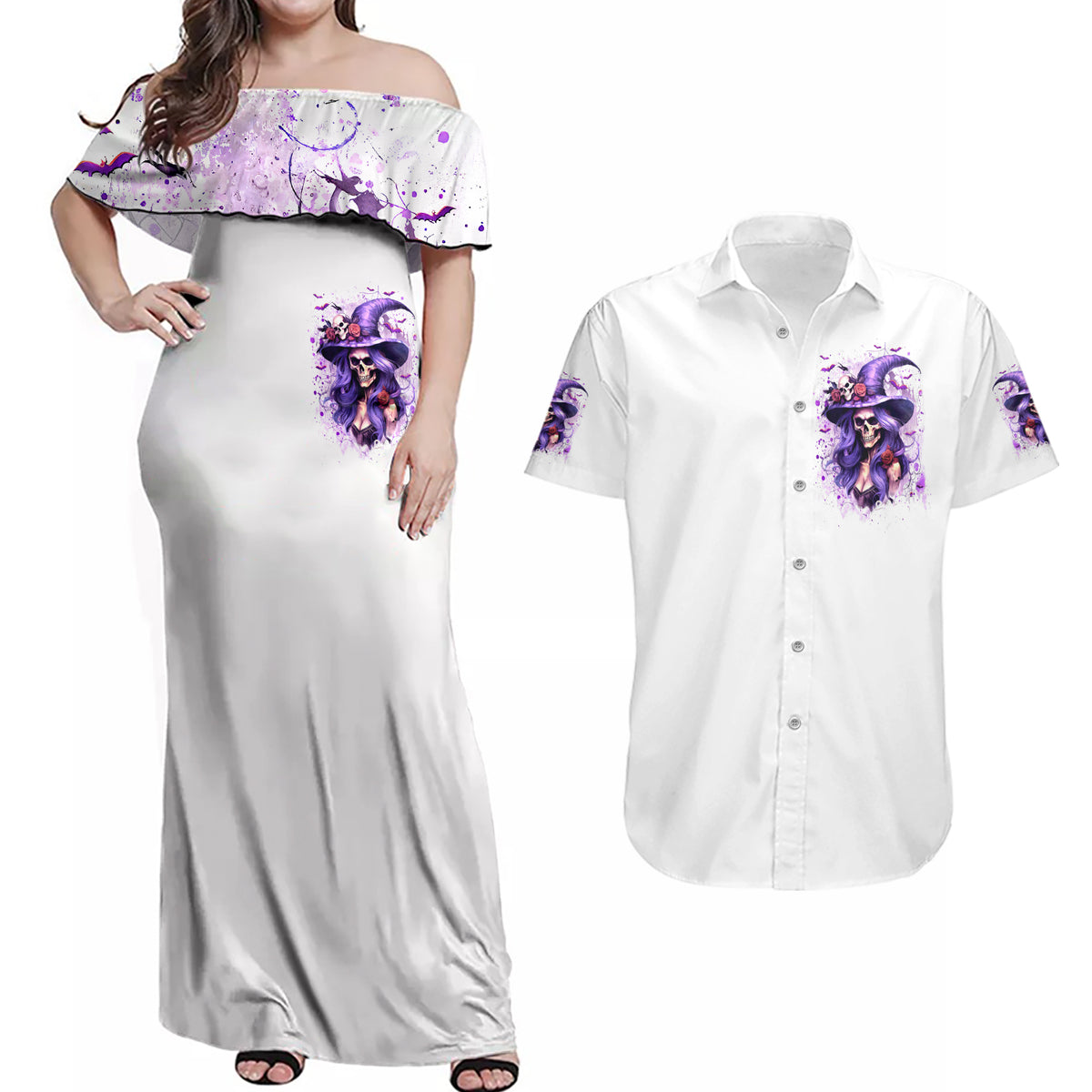 Witch Skull Couples Matching Off Shoulder Maxi Dress and Hawaiian Shirt I'm A Haunt Mess - Wonder Print Shop