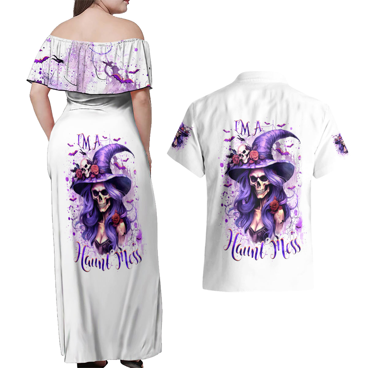 Witch Skull Couples Matching Off Shoulder Maxi Dress and Hawaiian Shirt I'm A Haunt Mess - Wonder Print Shop