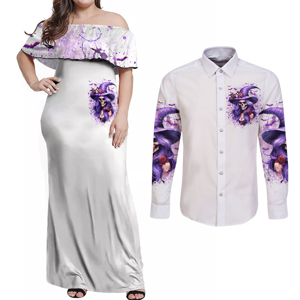 Witch Skull Couples Matching Off Shoulder Maxi Dress and Long Sleeve Button Shirt I'm A Haunt Mess - Wonder Print Shop