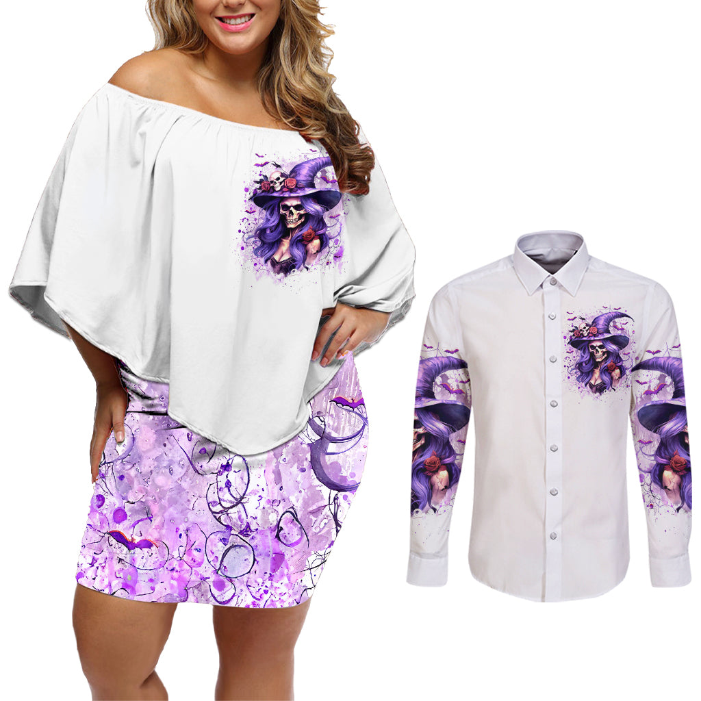 Witch Skull Couples Matching Off Shoulder Short Dress and Long Sleeve Button Shirt I'm A Haunt Mess - Wonder Print Shop