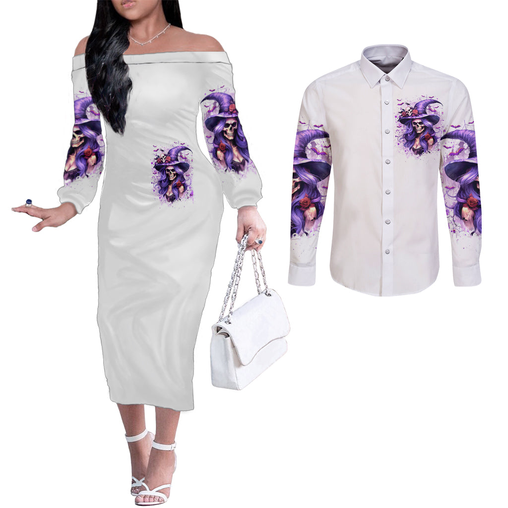 Witch Skull Couples Matching Off The Shoulder Long Sleeve Dress and Long Sleeve Button Shirt I'm A Haunt Mess DT01