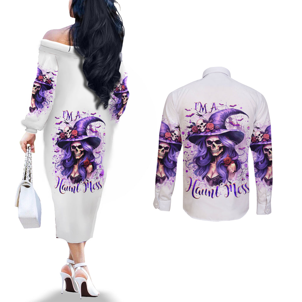 Witch Skull Couples Matching Off The Shoulder Long Sleeve Dress and Long Sleeve Button Shirt I'm A Haunt Mess DT01