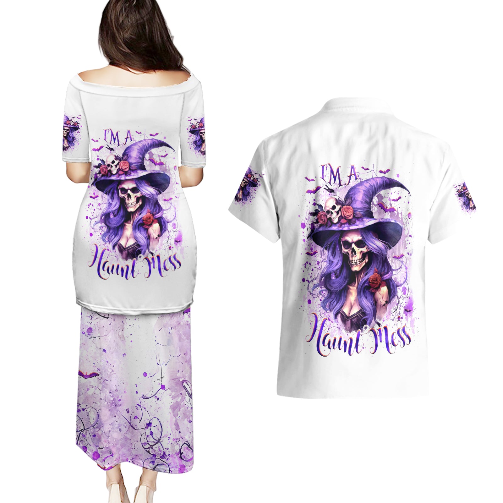 Witch Skull Couples Matching Puletasi Dress and Hawaiian Shirt I'm A Haunt Mess - Wonder Print Shop