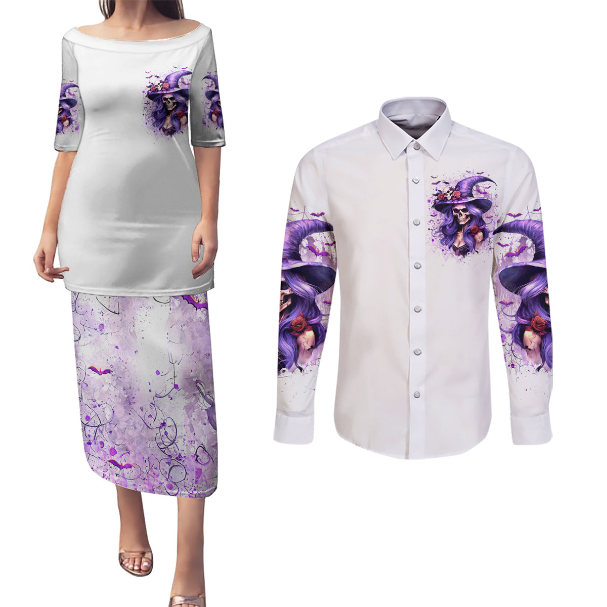 Witch Skull Couples Matching Puletasi Dress and Long Sleeve Button Shirt I'm A Haunt Mess - Wonder Print Shop