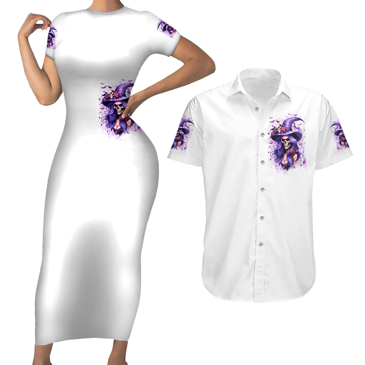 Witch Skull Couples Matching Short Sleeve Bodycon Dress and Hawaiian Shirt I'm A Haunt Mess - Wonder Print Shop