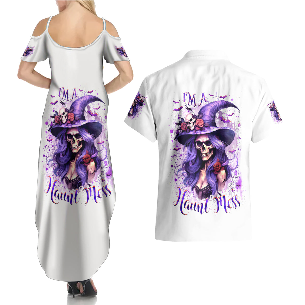 Witch Skull Couples Matching Summer Maxi Dress and Hawaiian Shirt I'm A Haunt Mess - Wonder Print Shop