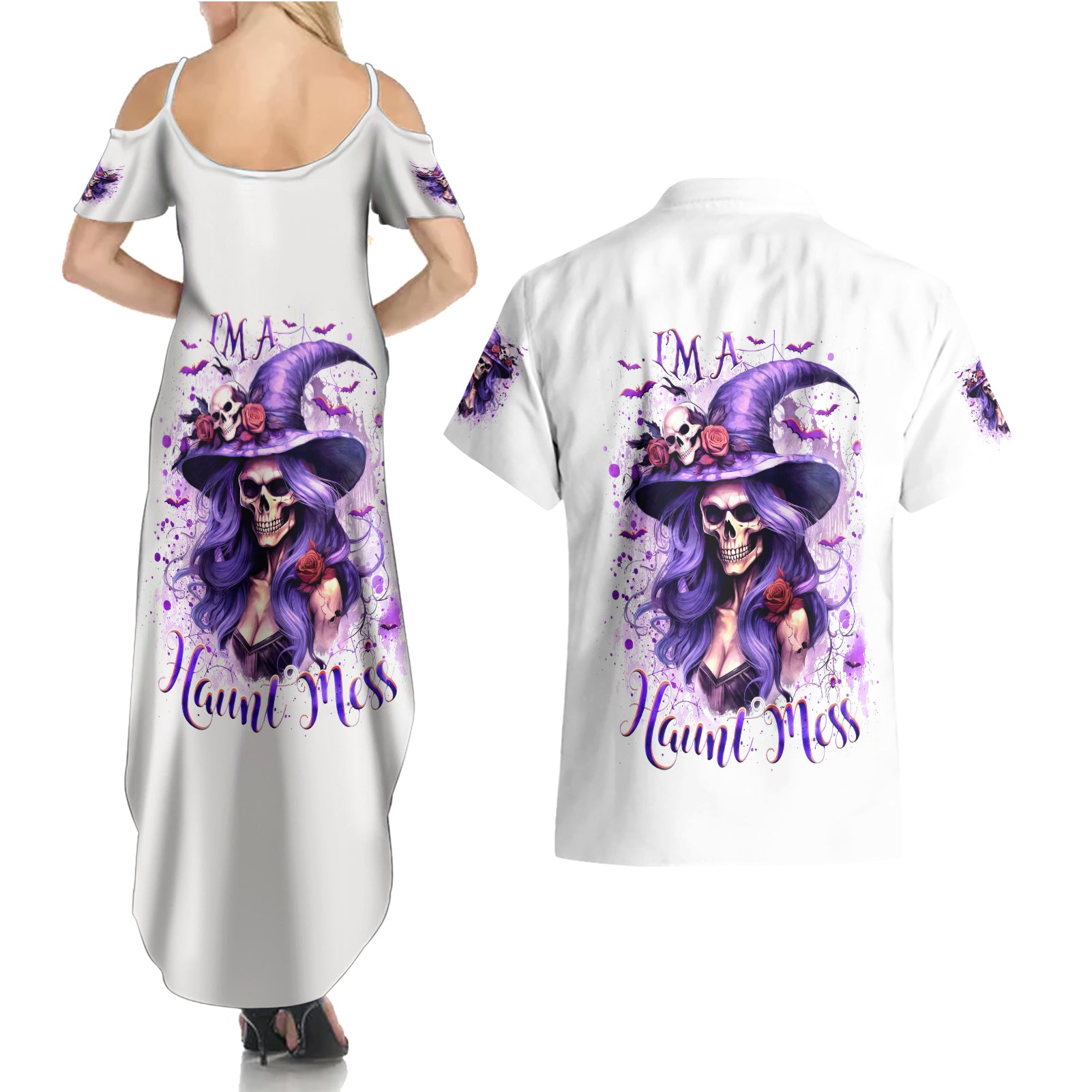 Witch Skull Couples Matching Summer Maxi Dress and Hawaiian Shirt I'm A Haunt Mess - Wonder Print Shop