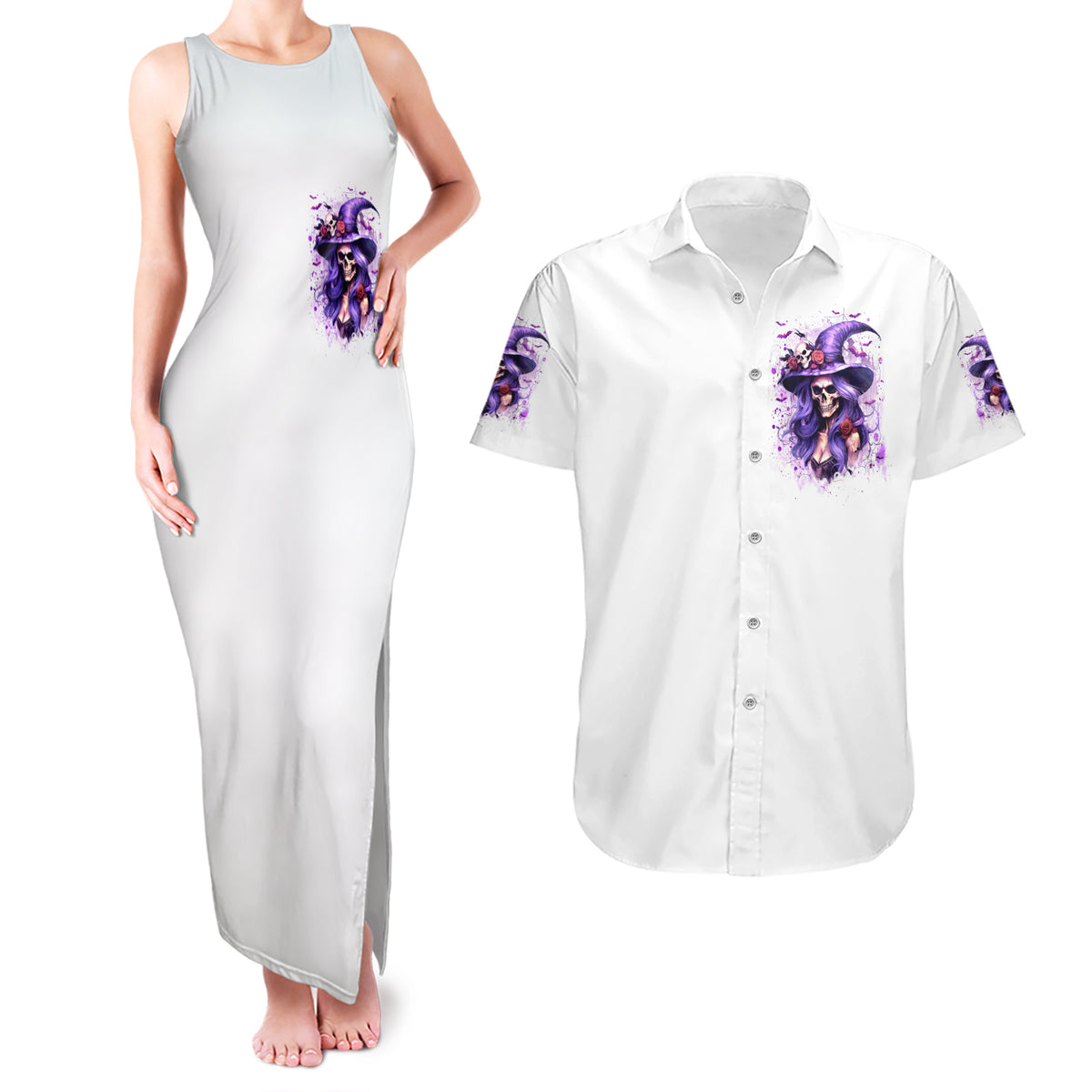 Witch Skull Couples Matching Tank Maxi Dress and Hawaiian Shirt I'm A Haunt Mess - Wonder Print Shop
