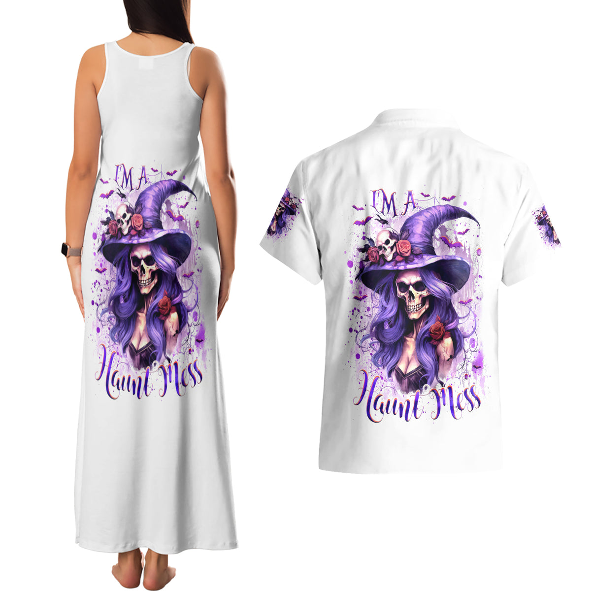 Witch Skull Couples Matching Tank Maxi Dress and Hawaiian Shirt I'm A Haunt Mess - Wonder Print Shop