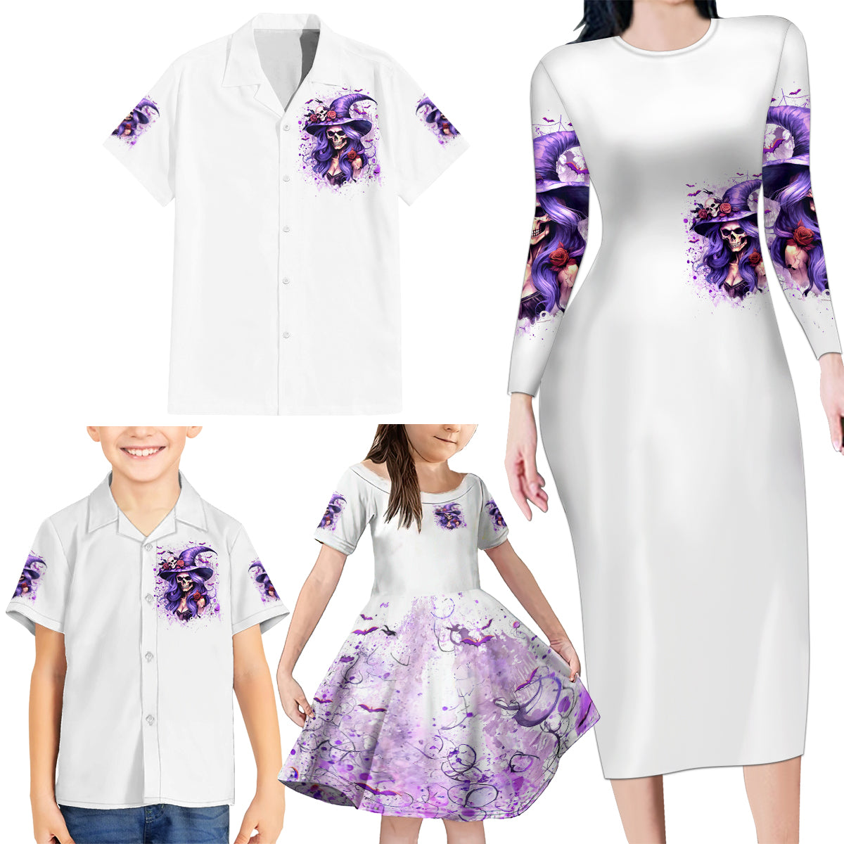 Witch Skull Family Matching Long Sleeve Bodycon Dress and Hawaiian Shirt I'm A Haunt Mess - Wonder Print Shop