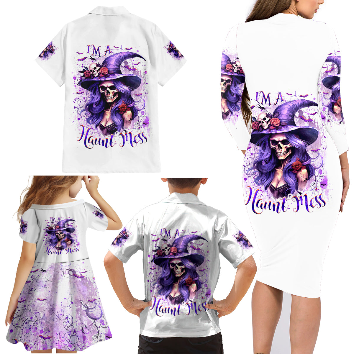 Witch Skull Family Matching Long Sleeve Bodycon Dress and Hawaiian Shirt I'm A Haunt Mess - Wonder Print Shop