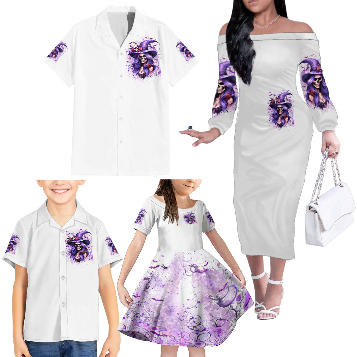 Witch Skull Family Matching Off Shoulder Long Sleeve Dress and Hawaiian Shirt I'm A Haunt Mess - Wonder Print Shop