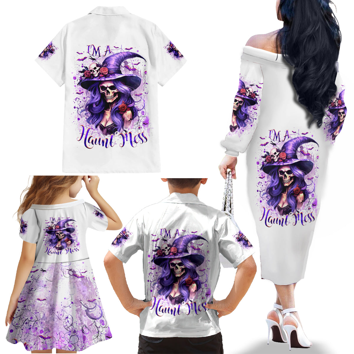 Witch Skull Family Matching Off Shoulder Long Sleeve Dress and Hawaiian Shirt I'm A Haunt Mess - Wonder Print Shop