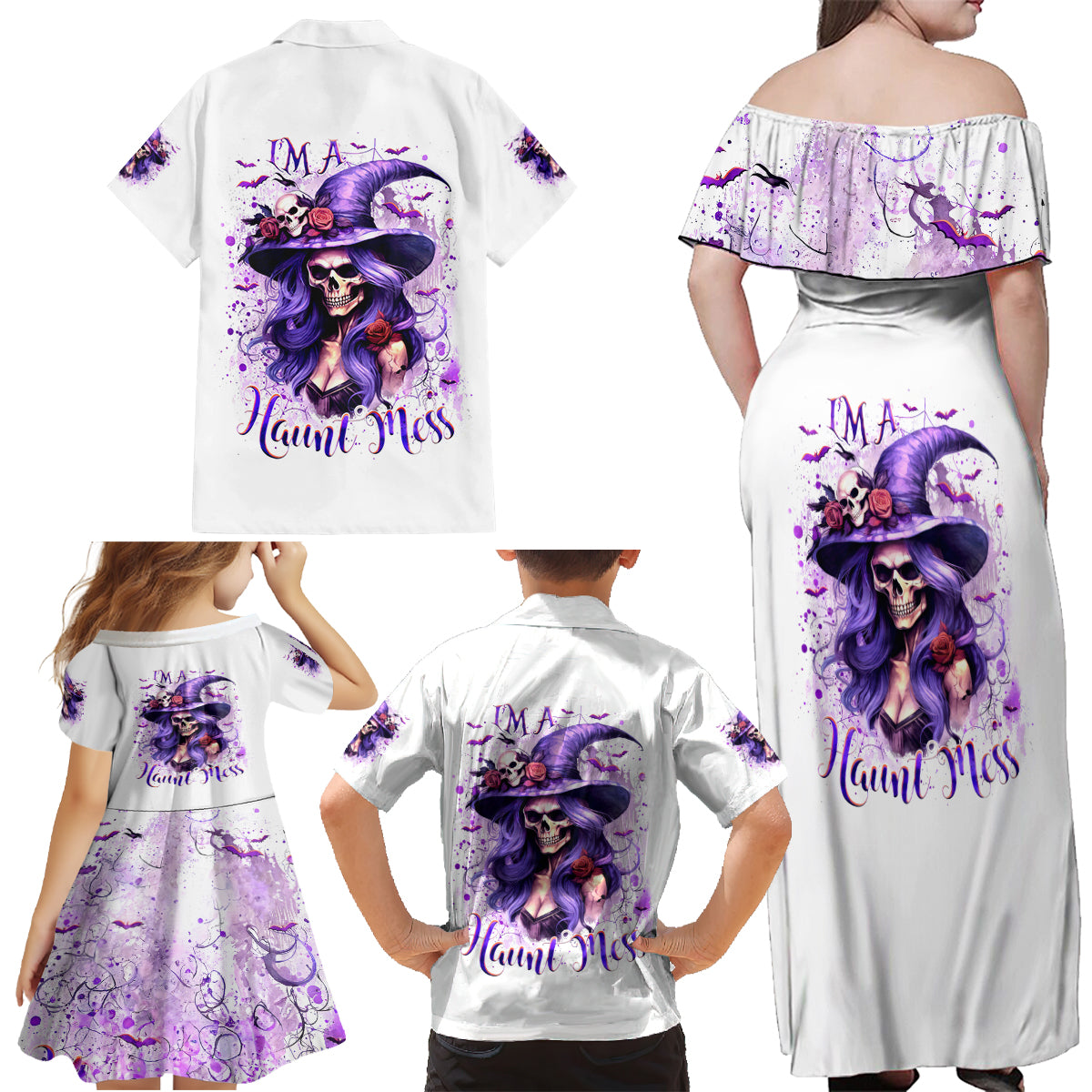 Witch Skull Family Matching Off Shoulder Maxi Dress and Hawaiian Shirt I'm A Haunt Mess - Wonder Print Shop