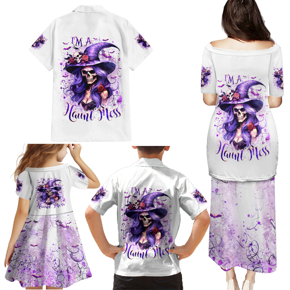 Witch Skull Family Matching Puletasi Dress and Hawaiian Shirt I'm A Haunt Mess - Wonder Print Shop