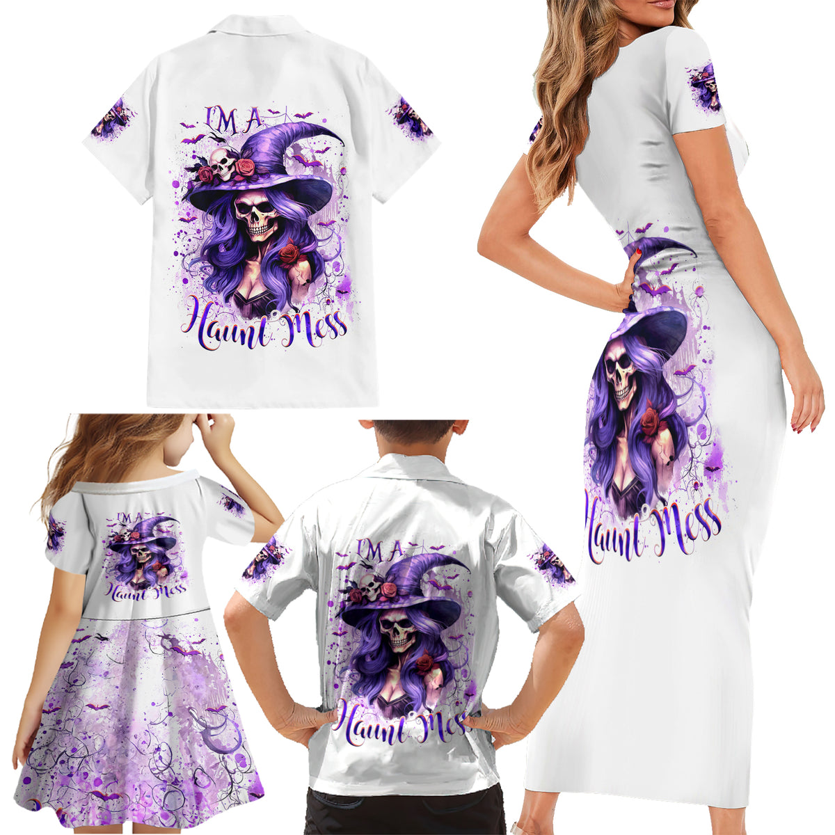 Witch Skull Family Matching Short Sleeve Bodycon Dress and Hawaiian Shirt I'm A Haunt Mess - Wonder Print Shop
