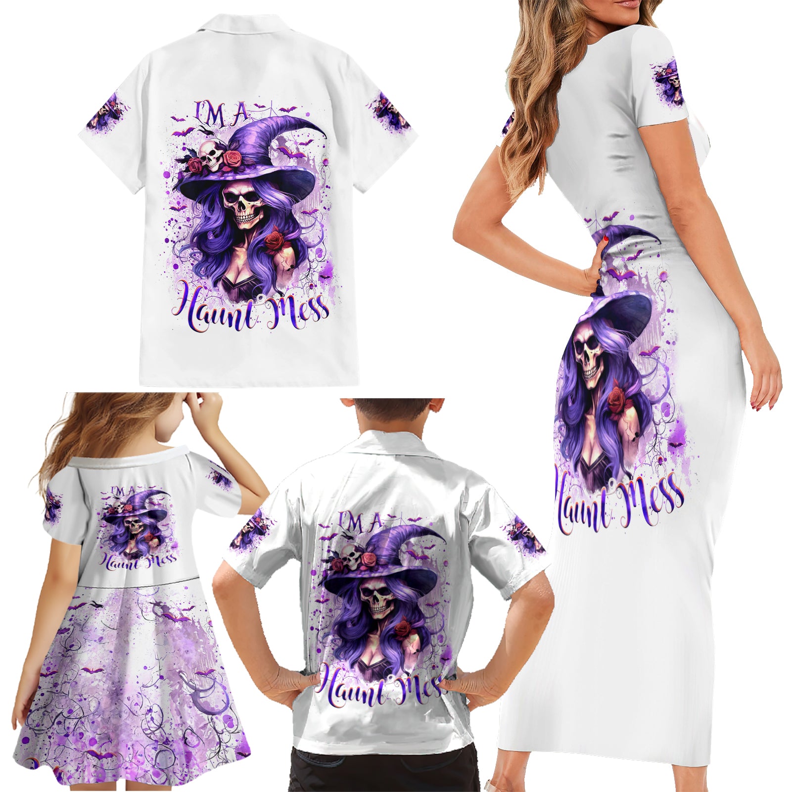 Witch Skull Family Matching Short Sleeve Bodycon Dress and Hawaiian Shirt I'm A Haunt Mess - Wonder Print Shop