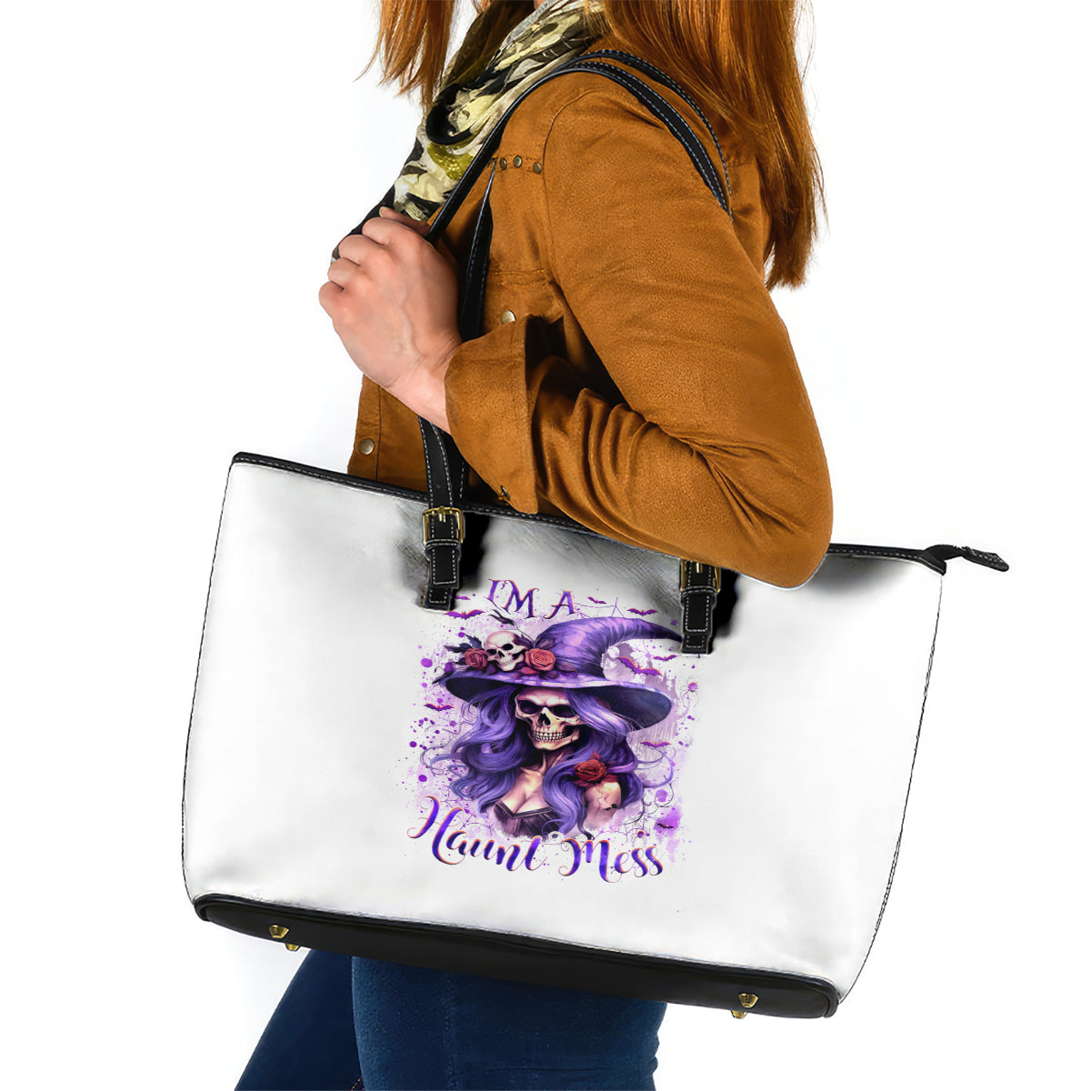 Witch Skull Leather Tote Bag I'm A Haunt Mess - Wonder Print Shop