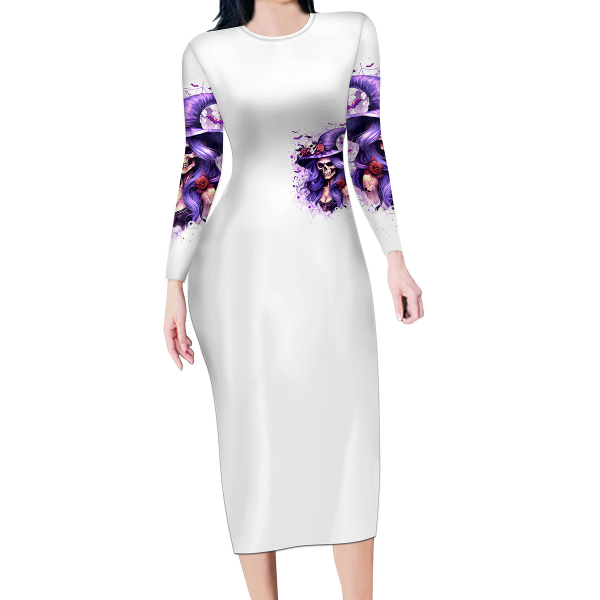 Witch Skull Long Sleeve Bodycon Dress I'm A Haunt Mess - Wonder Print Shop
