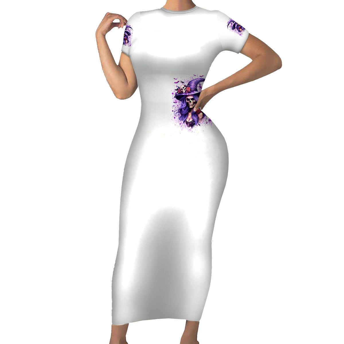 Witch Skull Short Sleeve Bodycon Dress I'm A Haunt Mess - Wonder Print Shop