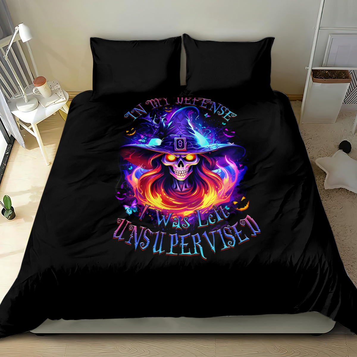 Fire Witch Skull Bedding Set In My Defense The Moon Was Full And I Was Left Unsupervided - Wonder Print Shop