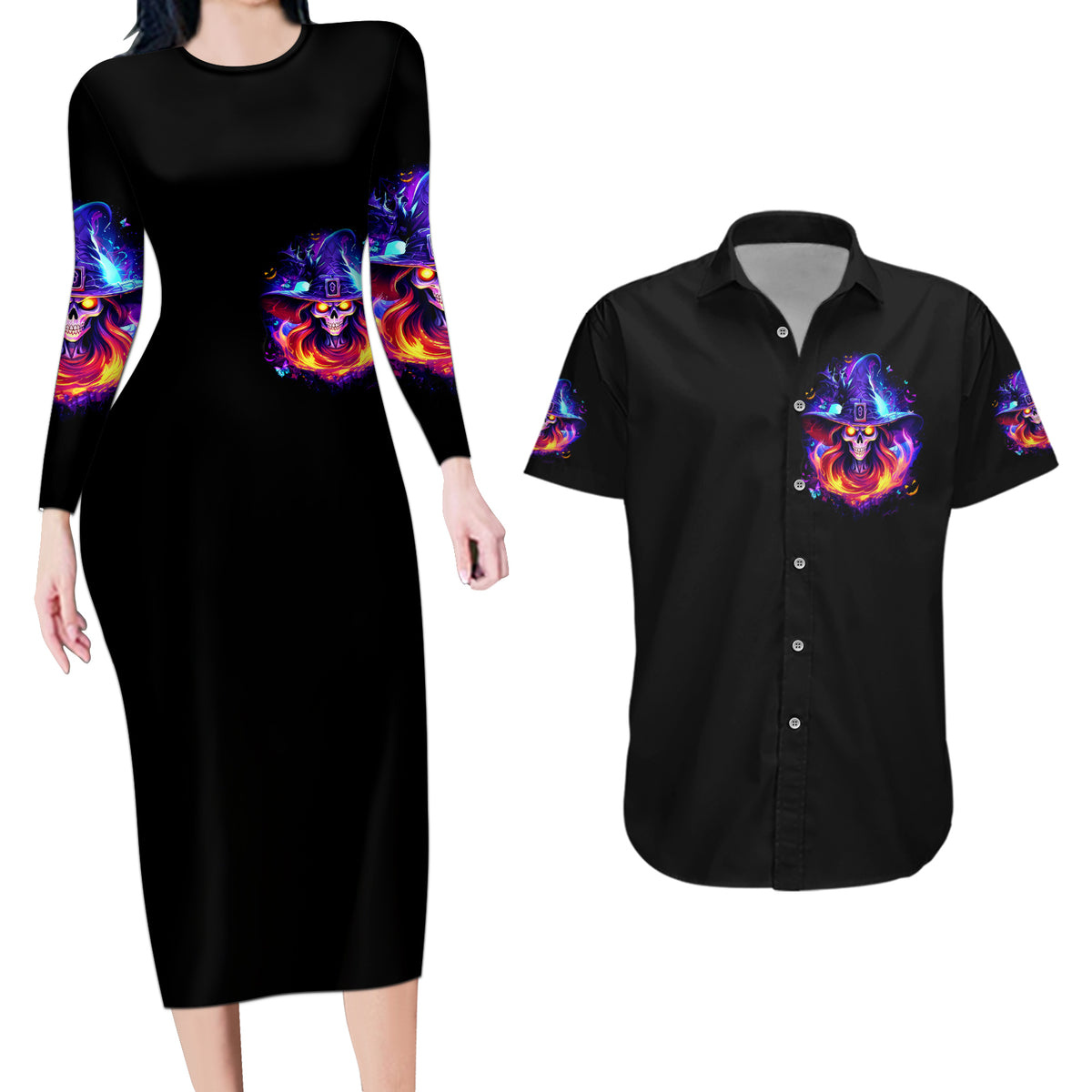 Fire Witch Skull Couples Matching Long Sleeve Bodycon Dress and Hawaiian Shirt In My Defense The Moon Was Full And I Was Left Unsupervided - Wonder Print Shop