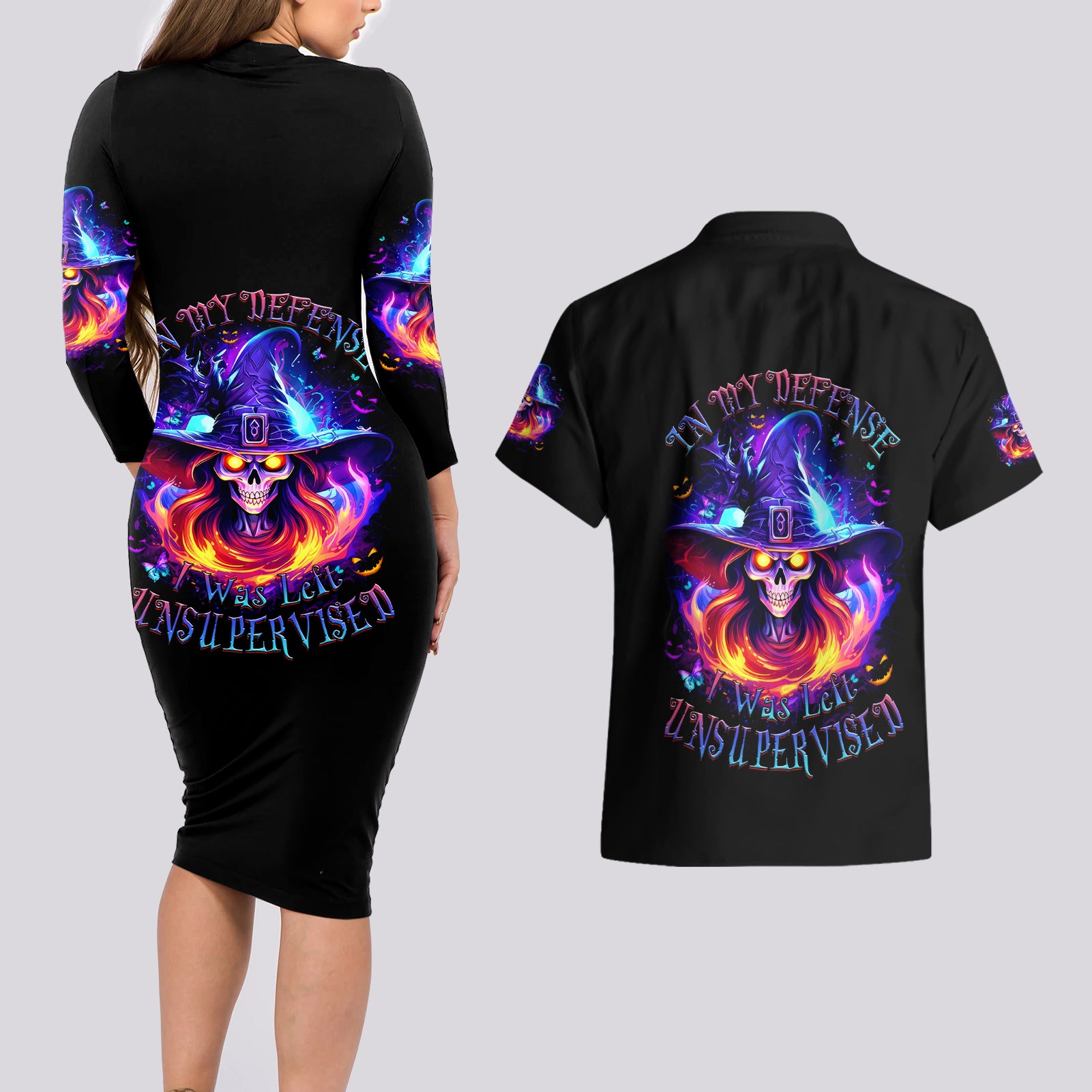 Fire Witch Skull Couples Matching Long Sleeve Bodycon Dress and Hawaiian Shirt In My Defense The Moon Was Full And I Was Left Unsupervided - Wonder Print Shop