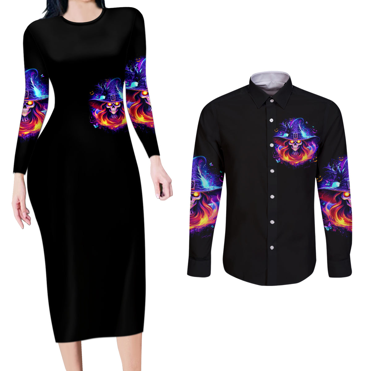 Fire Witch Skull Couples Matching Long Sleeve Bodycon Dress and Long Sleeve Button Shirt In My Defense The Moon Was Full And I Was Left Unsupervided - Wonder Print Shop