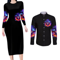 Fire Witch Skull Couples Matching Long Sleeve Bodycon Dress and Long Sleeve Button Shirt In My Defense The Moon Was Full And I Was Left Unsupervided - Wonder Print Shop