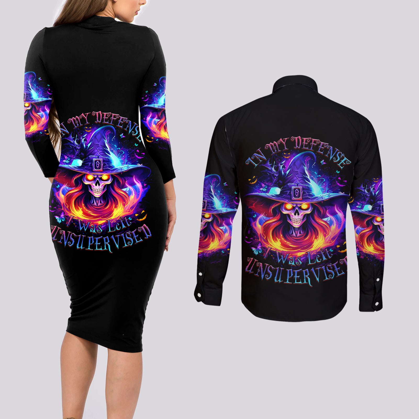 Fire Witch Skull Couples Matching Long Sleeve Bodycon Dress and Long Sleeve Button Shirt In My Defense The Moon Was Full And I Was Left Unsupervided - Wonder Print Shop