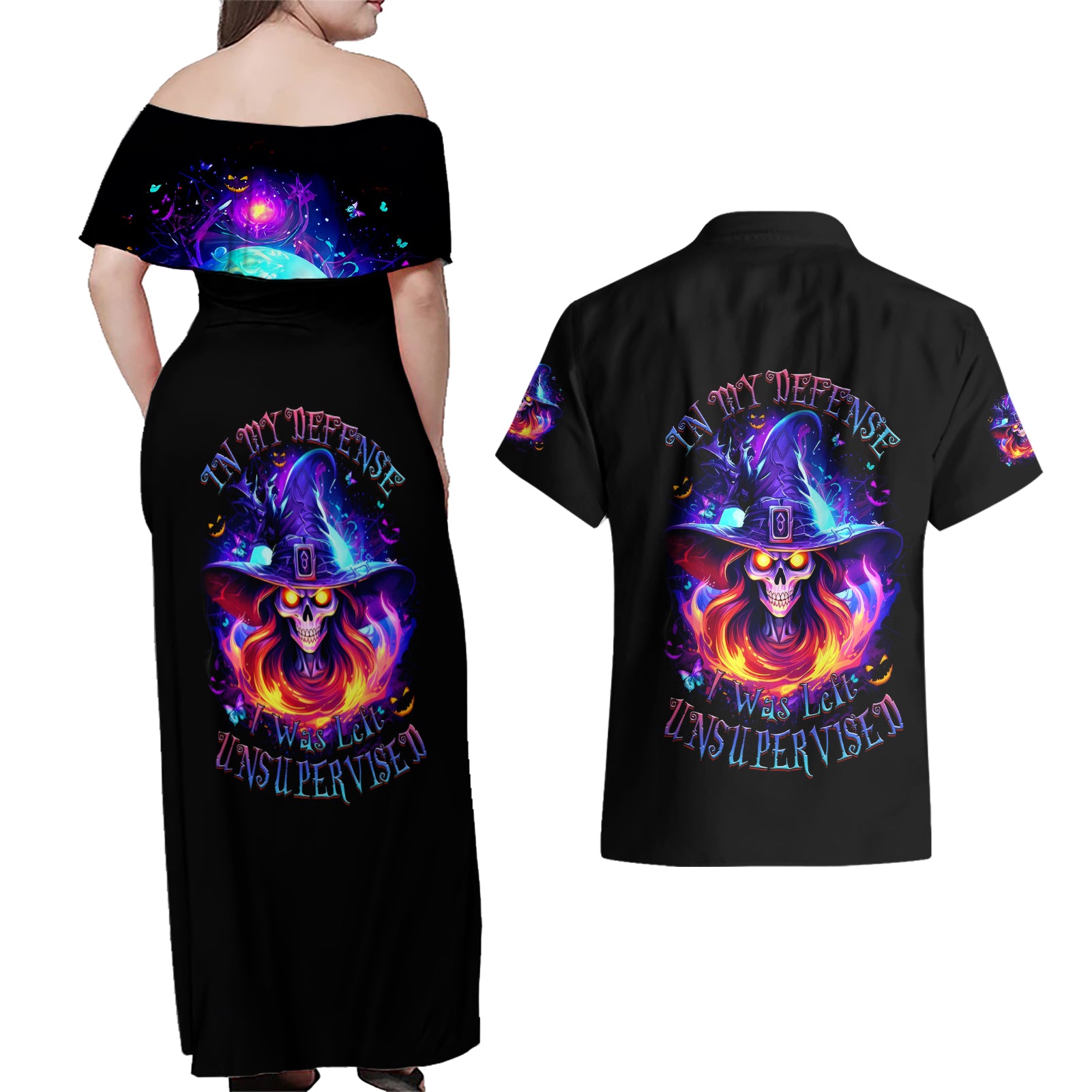 Fire Witch Skull Couples Matching Off Shoulder Maxi Dress and Hawaiian Shirt In My Defense The Moon Was Full And I Was Left Unsupervided - Wonder Print Shop