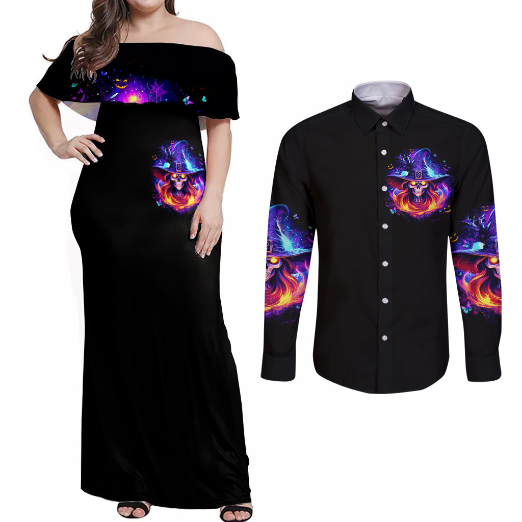 Fire Witch Skull Couples Matching Off Shoulder Maxi Dress and Long Sleeve Button Shirt In My Defense The Moon Was Full And I Was Left Unsupervided - Wonder Print Shop