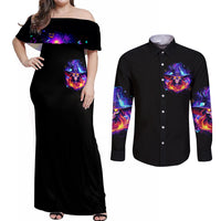 Fire Witch Skull Couples Matching Off Shoulder Maxi Dress and Long Sleeve Button Shirt In My Defense The Moon Was Full And I Was Left Unsupervided - Wonder Print Shop