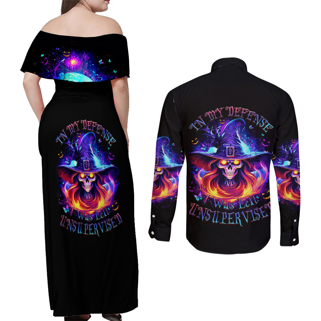 Fire Witch Skull Couples Matching Off Shoulder Maxi Dress and Long Sleeve Button Shirt In My Defense The Moon Was Full And I Was Left Unsupervided - Wonder Print Shop