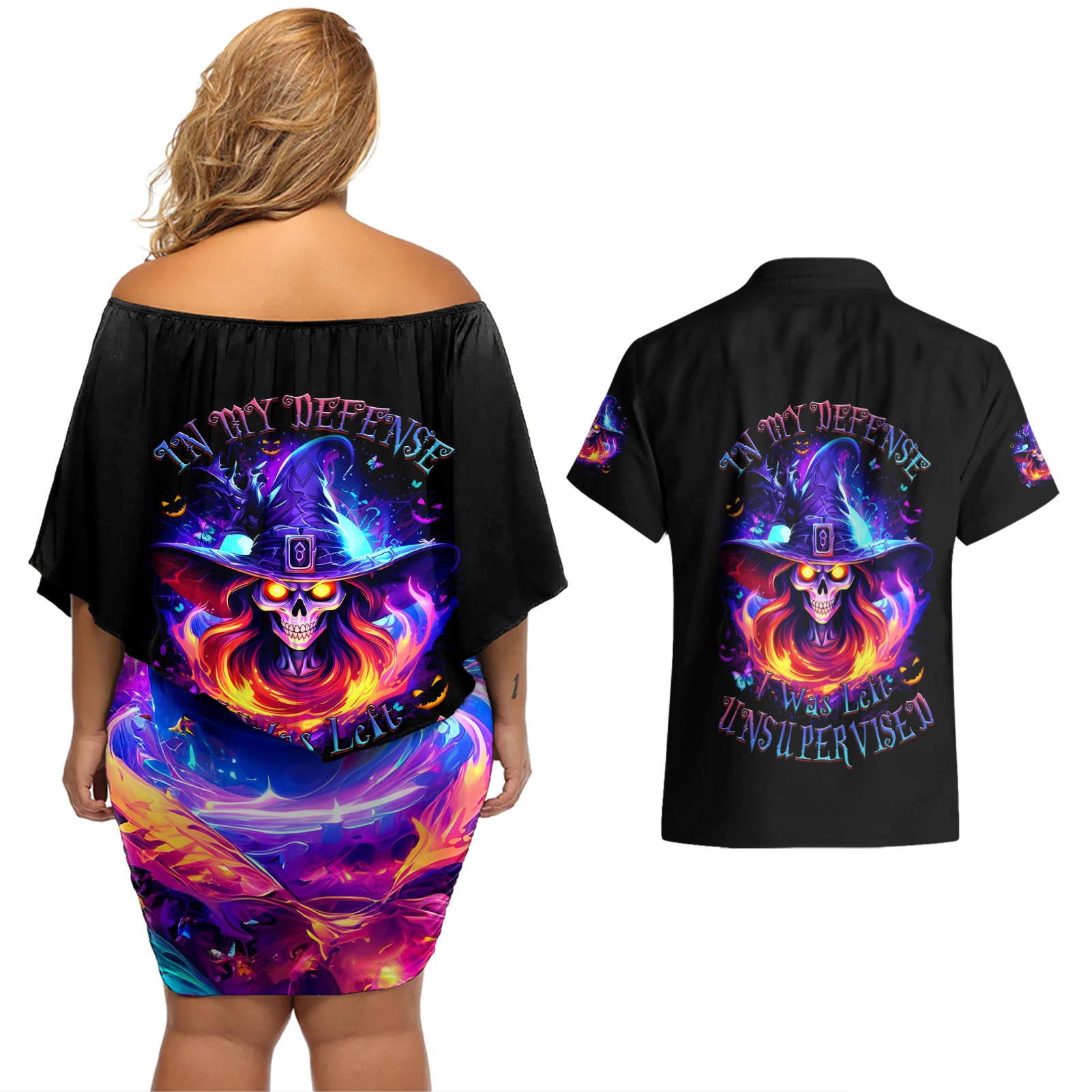 Fire Witch Skull Couples Matching Off Shoulder Short Dress and Hawaiian Shirt In My Defense The Moon Was Full And I Was Left Unsupervided - Wonder Print Shop