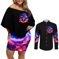 Fire Witch Skull Couples Matching Off Shoulder Short Dress and Long Sleeve Button Shirt In My Defense The Moon Was Full And I Was Left Unsupervided - Wonder Print Shop
