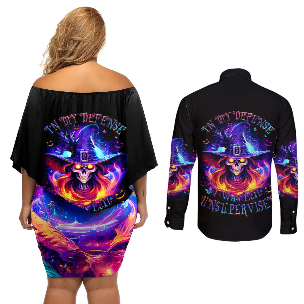 Fire Witch Skull Couples Matching Off Shoulder Short Dress and Long Sleeve Button Shirt In My Defense The Moon Was Full And I Was Left Unsupervided - Wonder Print Shop