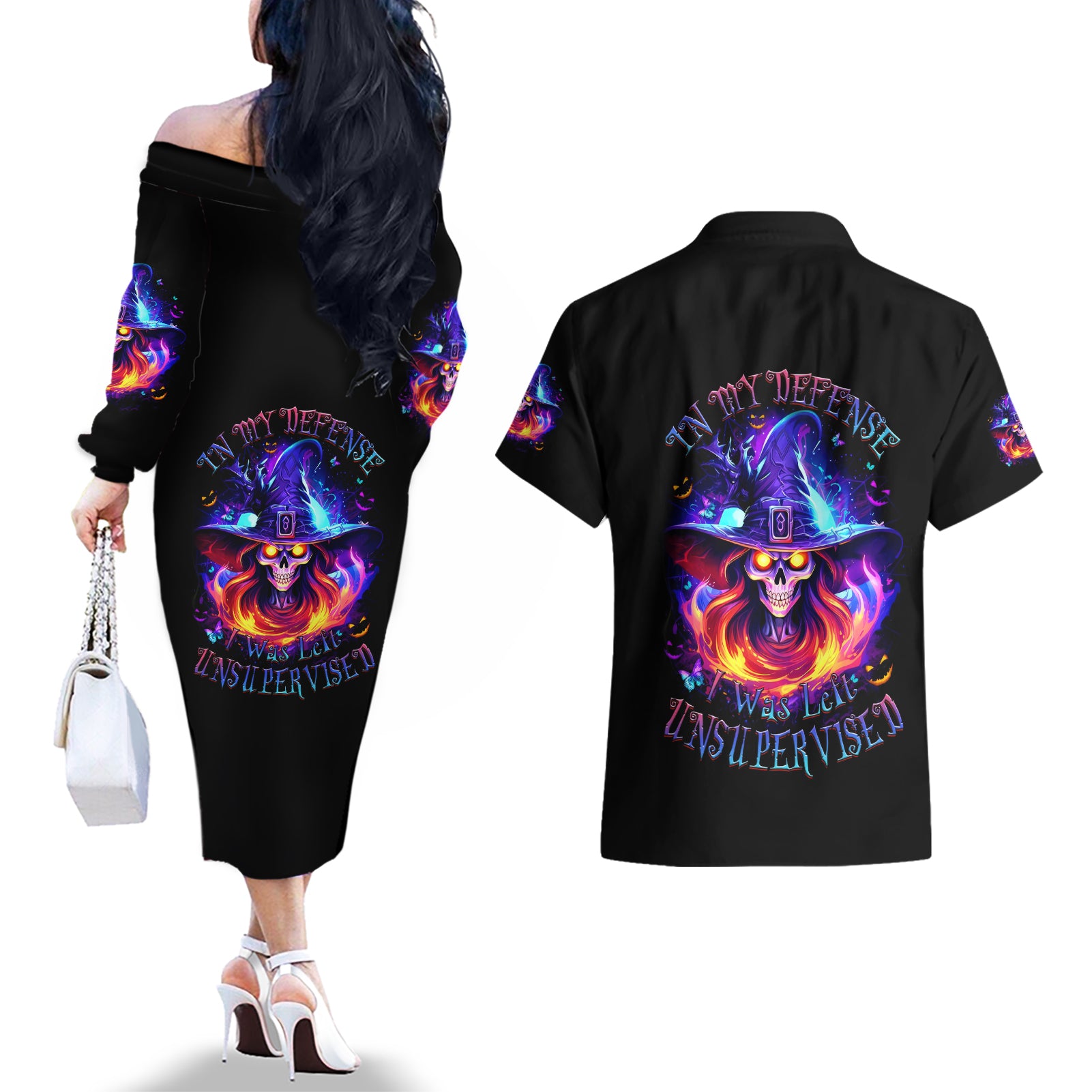 Fire Witch Skull Couples Matching Off The Shoulder Long Sleeve Dress and Hawaiian Shirt In My Defense The Moon Was Full And I Was Left Unsupervided - Wonder Print Shop