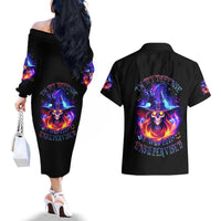 Fire Witch Skull Couples Matching Off The Shoulder Long Sleeve Dress and Hawaiian Shirt In My Defense The Moon Was Full And I Was Left Unsupervided - Wonder Print Shop