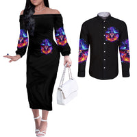 Fire Witch Skull Couples Matching Off The Shoulder Long Sleeve Dress and Long Sleeve Button Shirt In My Defense The Moon Was Full And I Was Left Unsupervided DT01