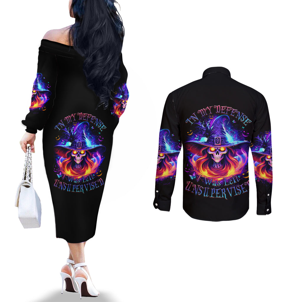 Fire Witch Skull Couples Matching Off The Shoulder Long Sleeve Dress and Long Sleeve Button Shirt In My Defense The Moon Was Full And I Was Left Unsupervided DT01