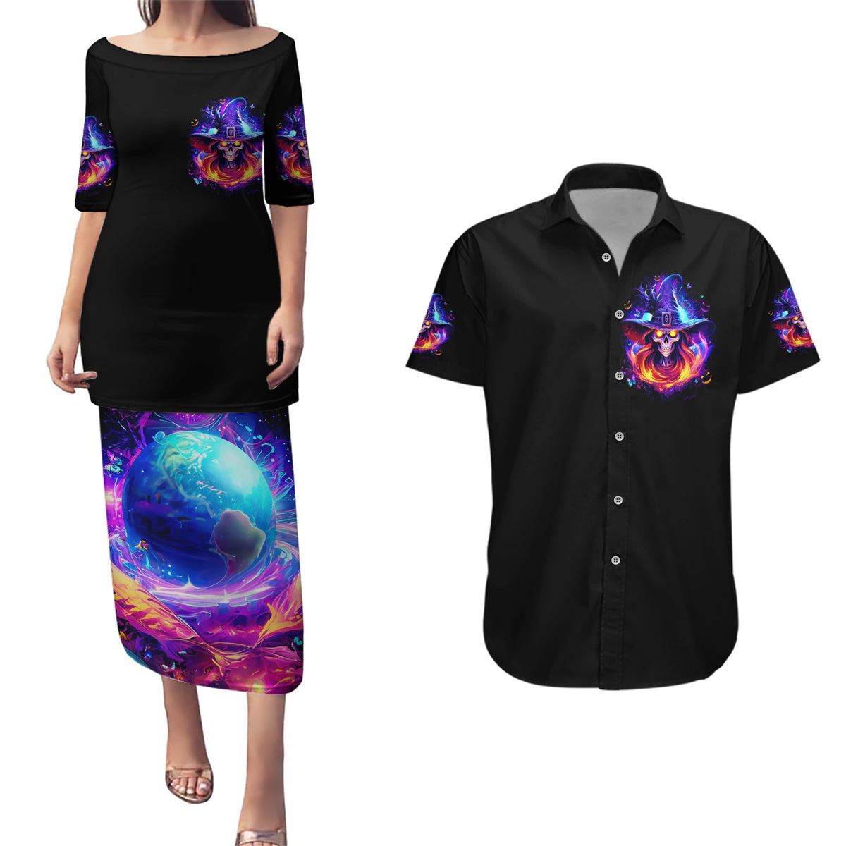 Fire Witch Skull Couples Matching Puletasi Dress and Hawaiian Shirt In My Defense The Moon Was Full And I Was Left Unsupervided - Wonder Print Shop