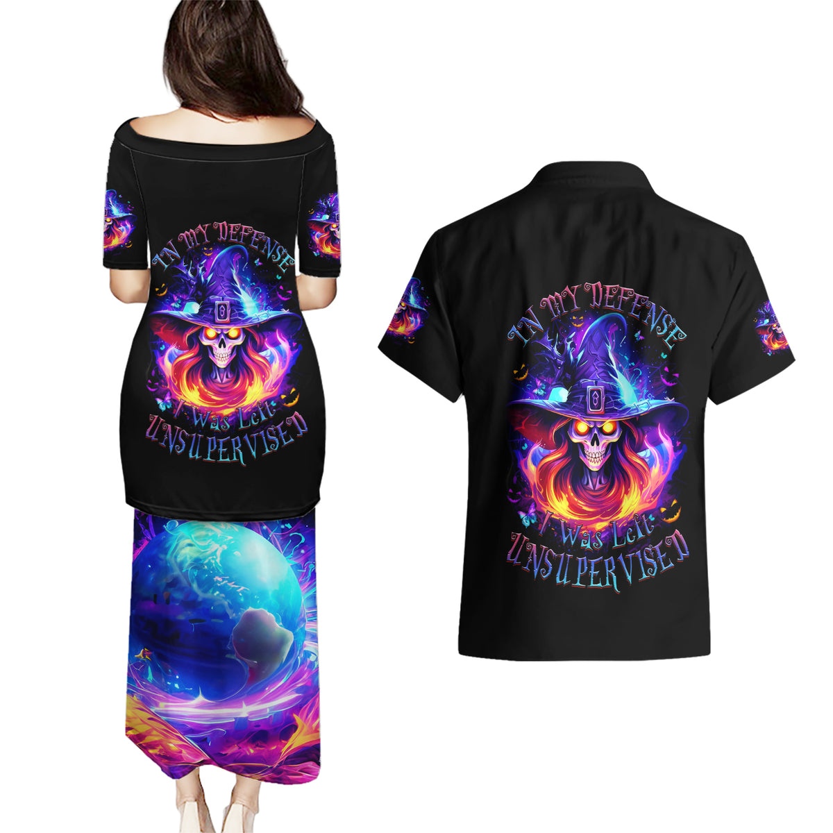 Fire Witch Skull Couples Matching Puletasi Dress and Hawaiian Shirt In My Defense The Moon Was Full And I Was Left Unsupervided - Wonder Print Shop