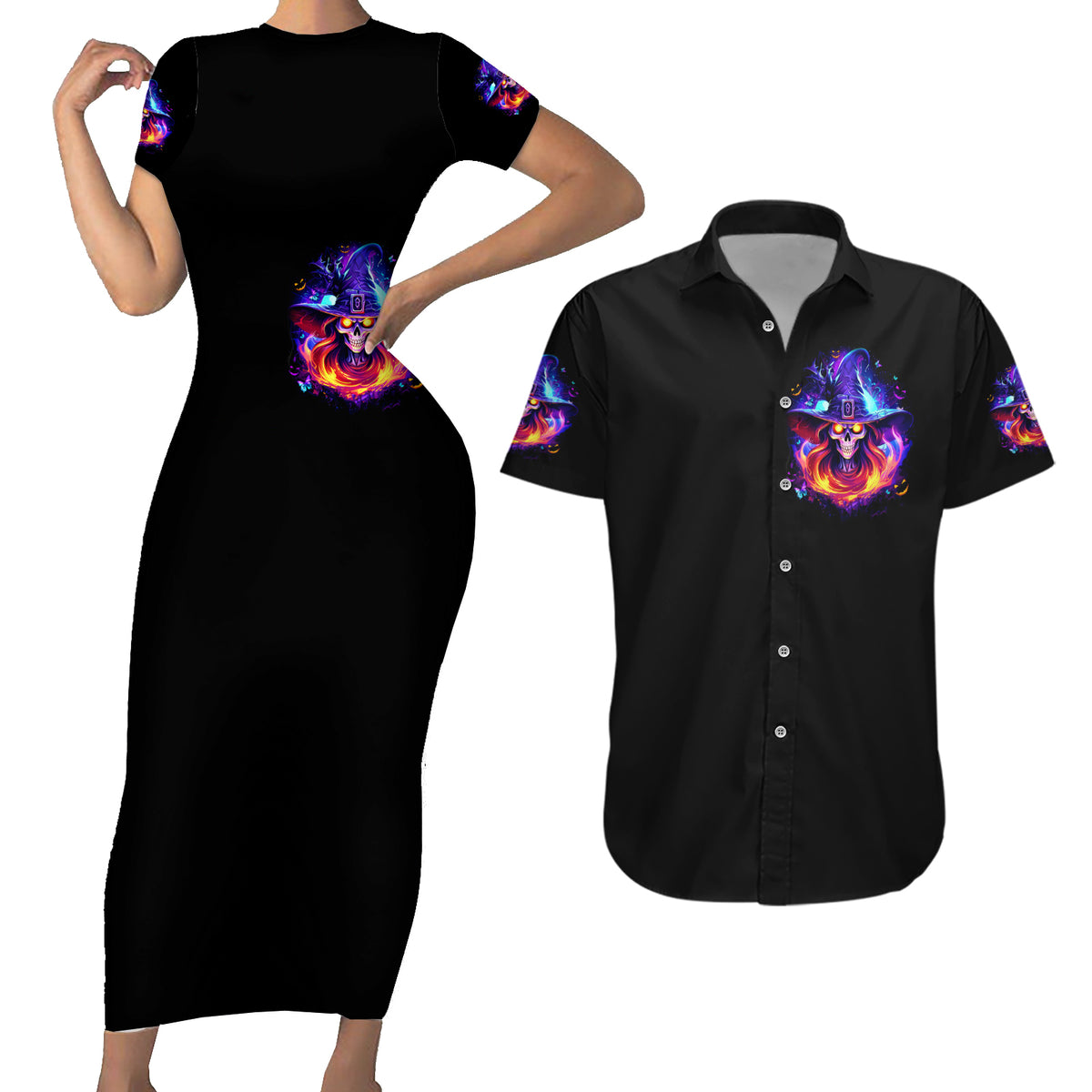 Fire Witch Skull Couples Matching Short Sleeve Bodycon Dress and Hawaiian Shirt In My Defense The Moon Was Full And I Was Left Unsupervided - Wonder Print Shop