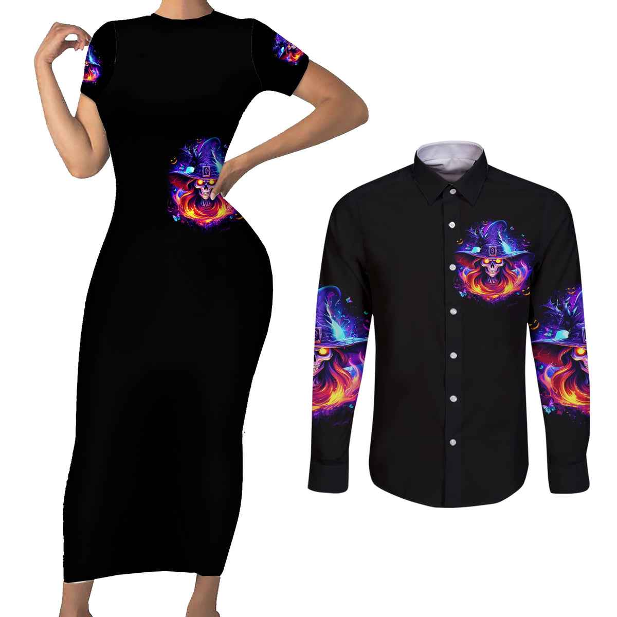 Fire Witch Skull Couples Matching Short Sleeve Bodycon Dress and Long Sleeve Button Shirt In My Defense The Moon Was Full And I Was Left Unsupervided - Wonder Print Shop