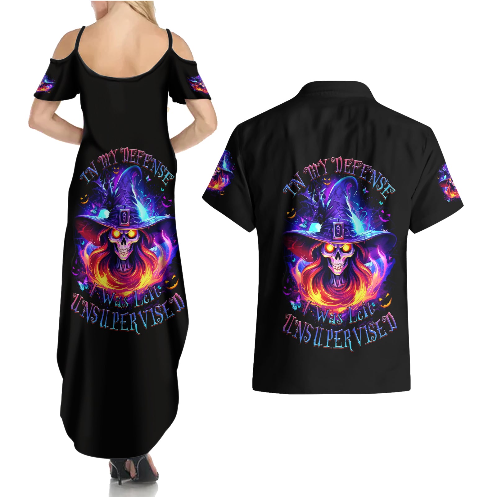 Fire Witch Skull Couples Matching Summer Maxi Dress and Hawaiian Shirt In My Defense The Moon Was Full And I Was Left Unsupervided - Wonder Print Shop