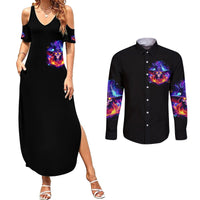 Fire Witch Skull Couples Matching Summer Maxi Dress and Long Sleeve Button Shirt In My Defense The Moon Was Full And I Was Left Unsupervided - Wonder Print Shop